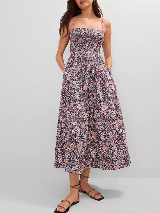 Ann Taylor Dresses & Skirts - Ann Taylor Blue Pink Floral Smocked Flare Midi Dress 10 Spaghetti Straps Pockets